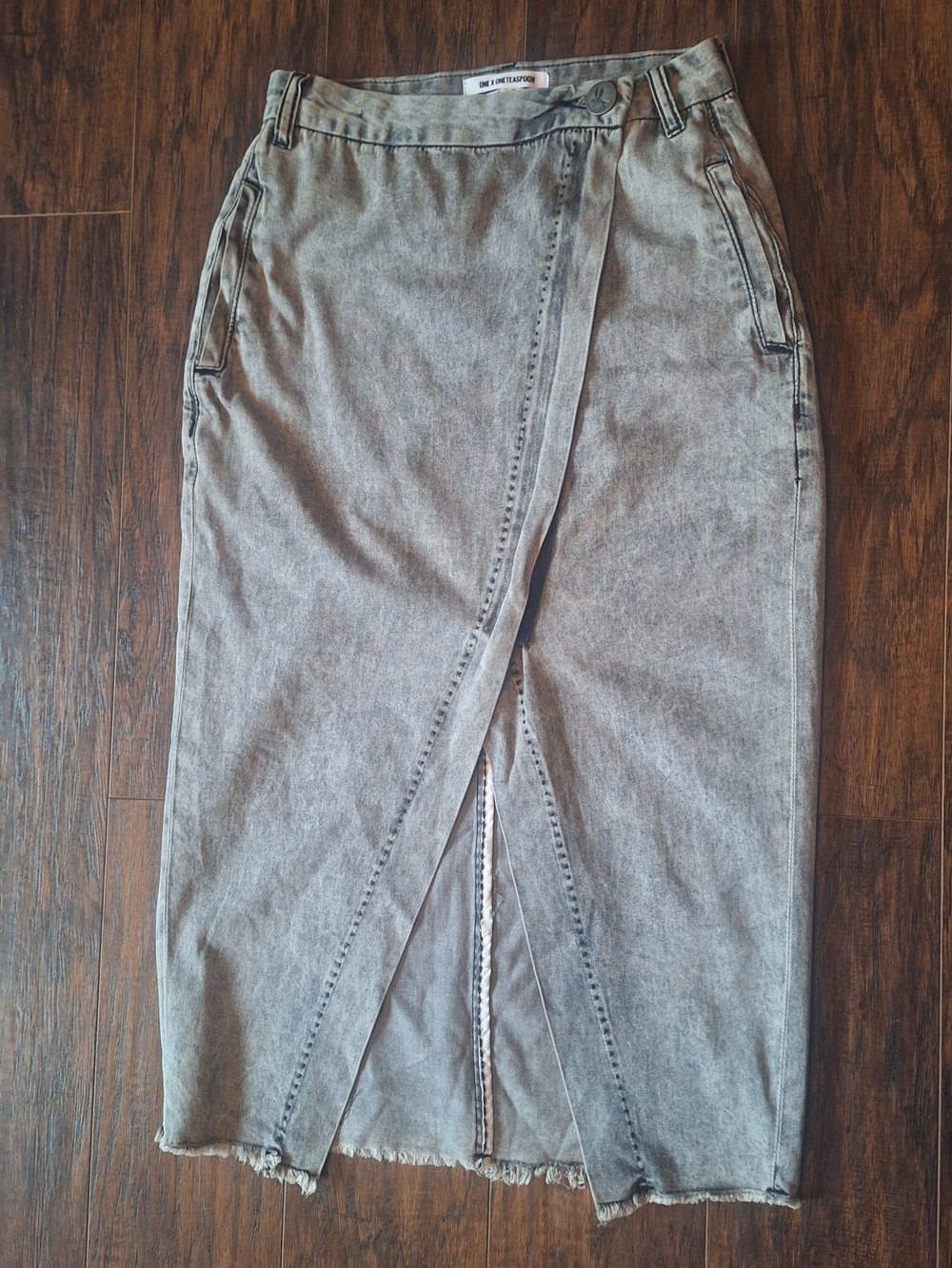 One Teaspoon Faded Gray Acid Wash Raw Edge Denim Slit Skirt Minimal Rock Urban